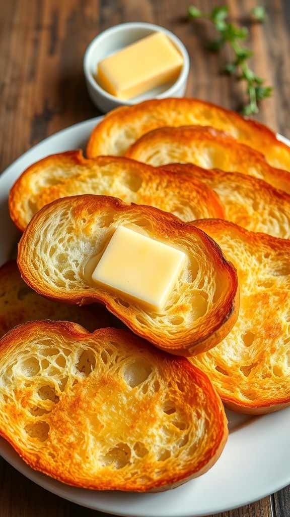 Classic Buttered Bread Recipe Toasted buttered bread slices on a plate, with melted butter and herbs, on a rustic table.